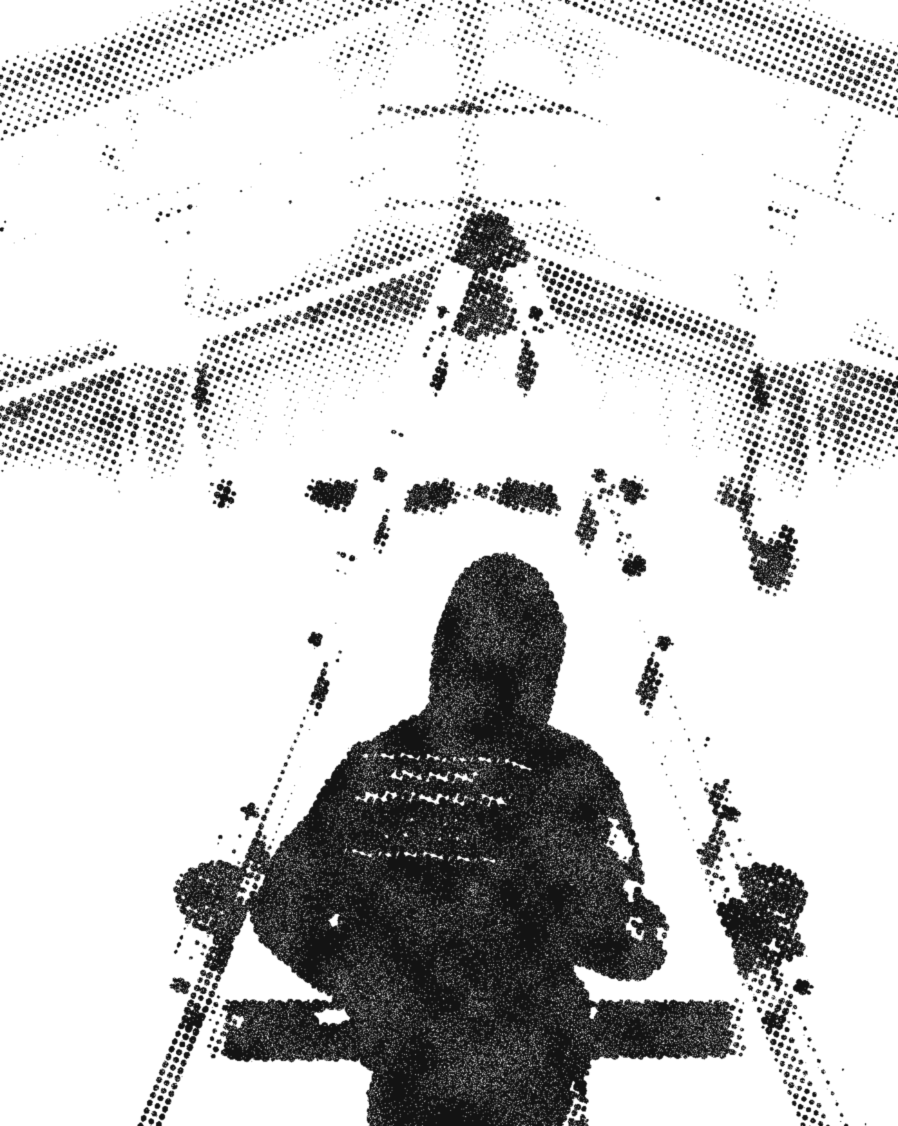 Someone in a hoodie standing between the legs of a tall ladder in an empty hall